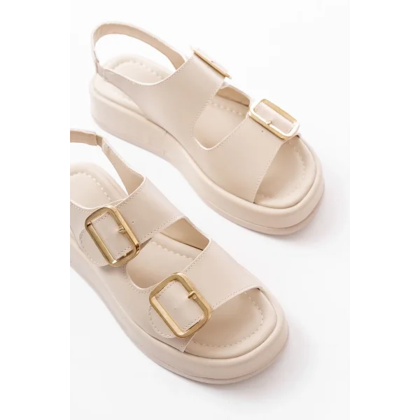 1187 Bej Dolgu Topuk Lastik Baretli  Kadın Sandalet