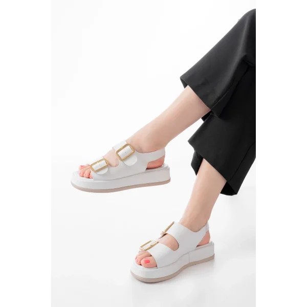 1187 Beyaz Dolgu Topuk Lastik Baretli  Kadın Sandalet