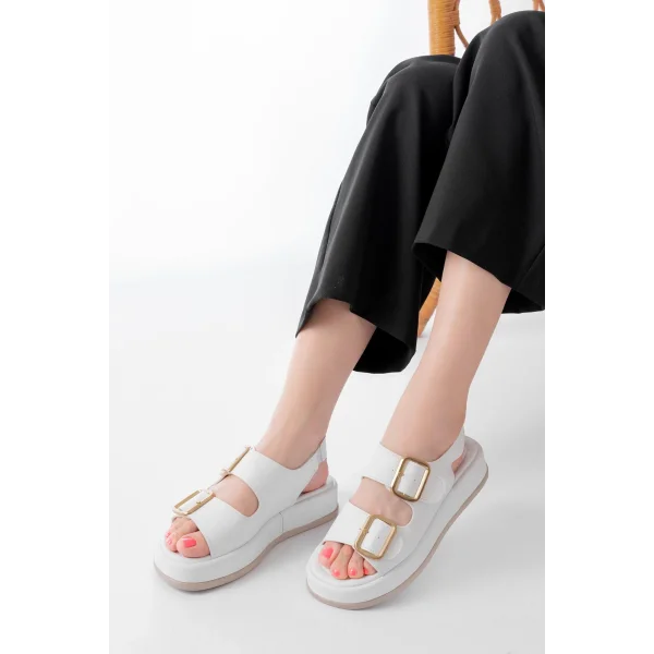 1187 Beyaz Dolgu Topuk Lastik Baretli  Kadın Sandalet