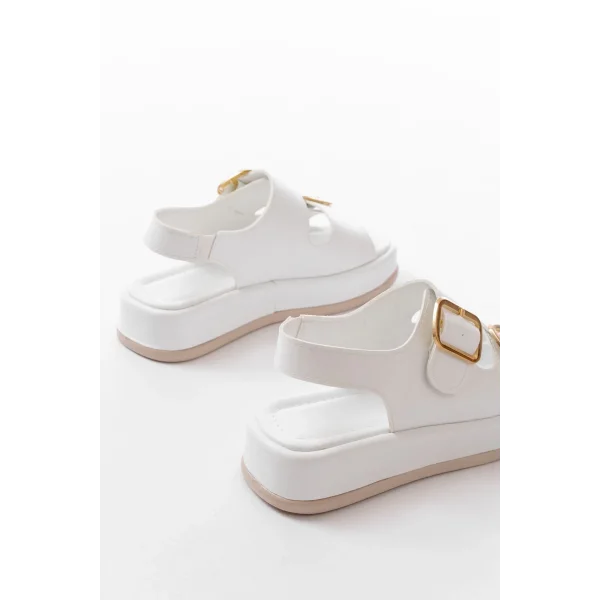 1187 Beyaz Dolgu Topuk Lastik Baretli  Kadın Sandalet