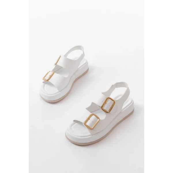 1187 Beyaz Dolgu Topuk Lastik Baretli  Kadın Sandalet