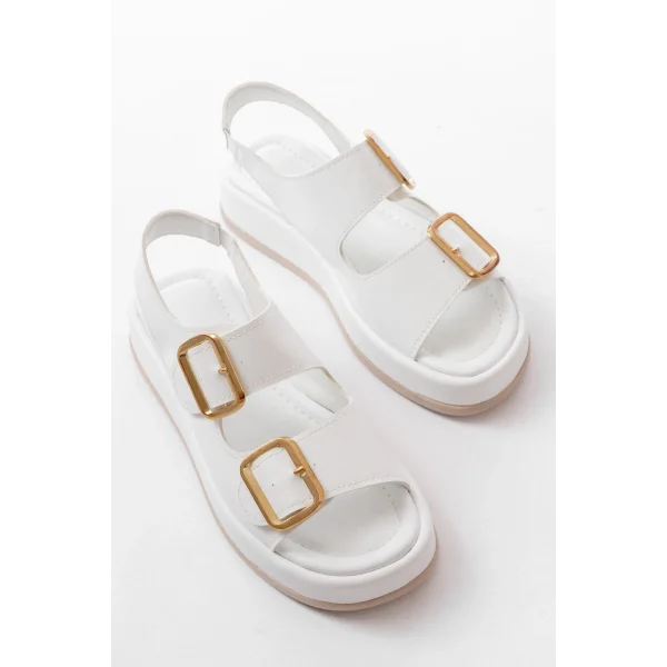 1187 Beyaz Dolgu Topuk Lastik Baretli  Kadın Sandalet