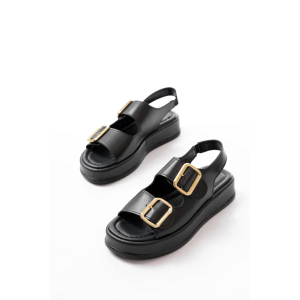 1187 Siyah Dolgu Topuk Lastik Baretli  Kadın Sandalet