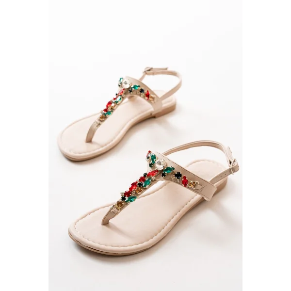 152-1110 Bej Multi Taşlı Parmak Arası Kadın Sandalet
