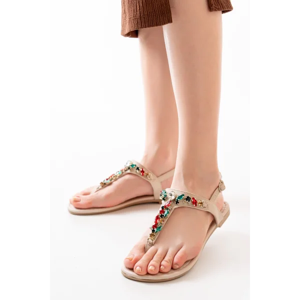 152-1110 Bej Multi Taşlı Parmak Arası Kadın Sandalet