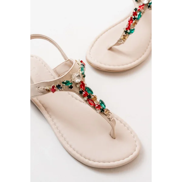 152-1110 Bej Multi Taşlı Parmak Arası Kadın Sandalet