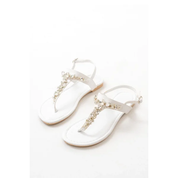 152-1110 Beyaz Gümüş Taşlı Parmak Arası Kadın Sandalet