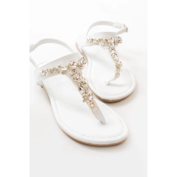 152-1110 Beyaz Gümüş Taşlı Parmak Arası Kadın Sandalet
