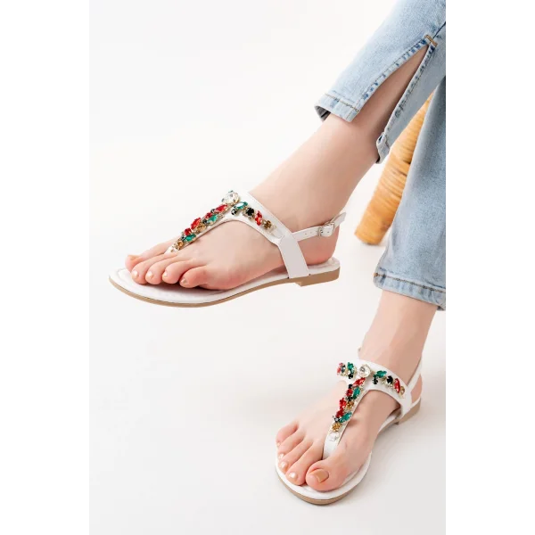 152-1110 Beyaz Multi Taşlı Parmak Arası Kadın Sandalet