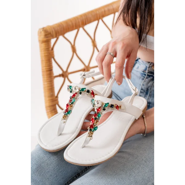 152-1110 Beyaz Multi Taşlı Parmak Arası Kadın Sandalet