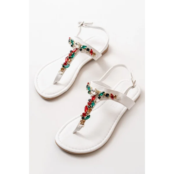 152-1110 Beyaz Multi Taşlı Parmak Arası Kadın Sandalet
