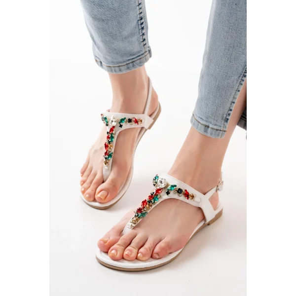 152-1110 Beyaz Multi Taşlı Parmak Arası Kadın Sandalet