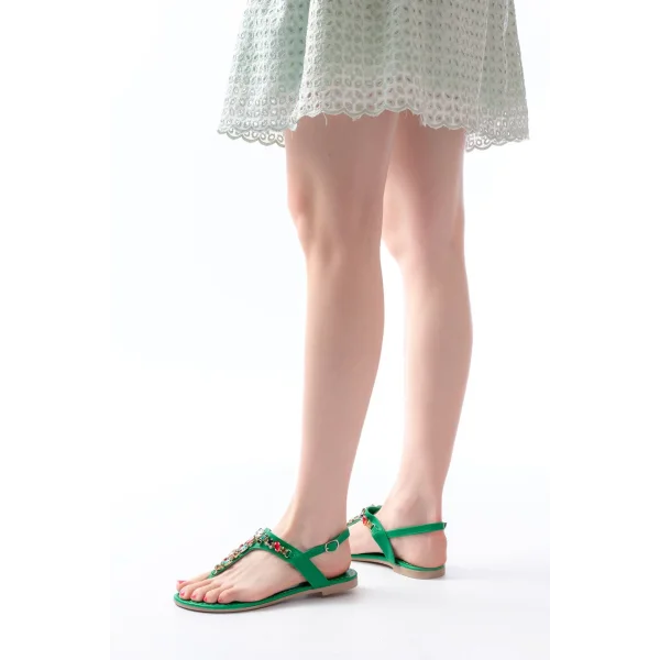 152-1110 Çimen Yeşili Multi Taşlı Parmak Arası Kadın Sandalet