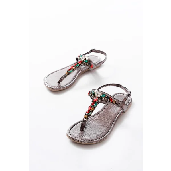 152-1110 Platin Multi  Taşlı Parmak Arası Kadın Sandalet