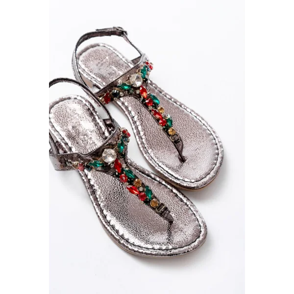 152-1110 Platin Multi  Taşlı Parmak Arası Kadın Sandalet