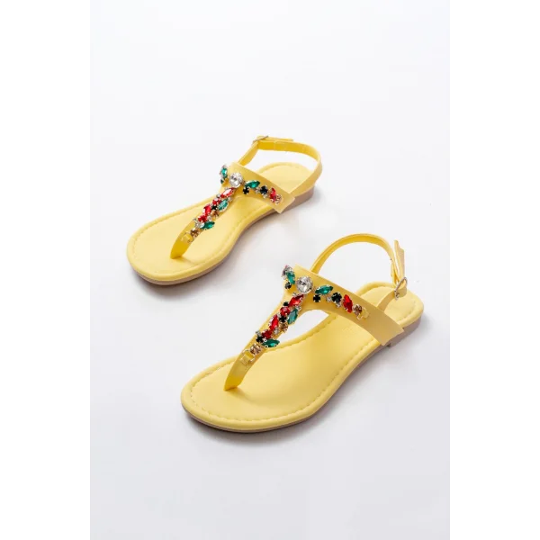 152-1110 Sarı Multi Taşlı Parmak Arası Kadın Sandalet