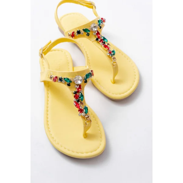 152-1110 Sarı Multi Taşlı Parmak Arası Kadın Sandalet