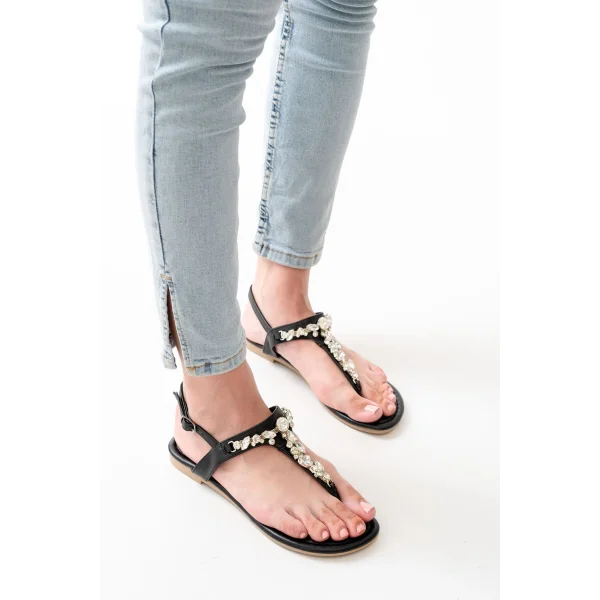 152-1110 Siyah Gümüş Taşlı Parmak Arası Kadın Sandalet