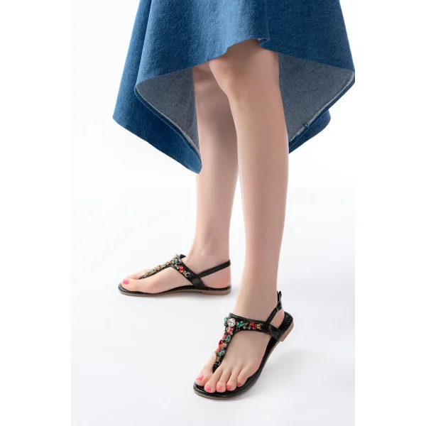 152-1110 Siyah Multi Cam Kırığı Taşlı Parmak Arası Kadın Sandalet