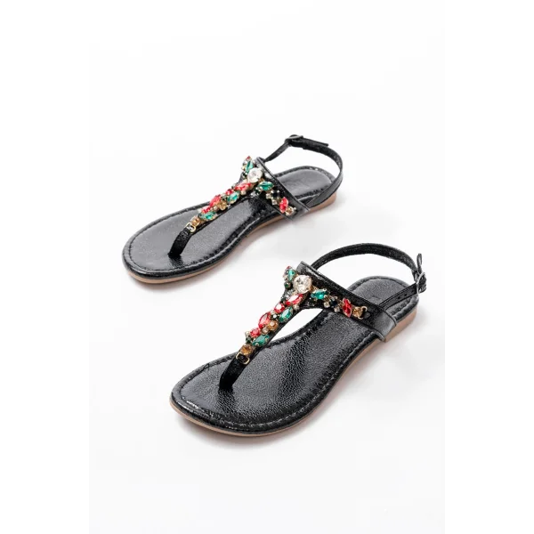 152-1110 Siyah Multi Cam Kırığı Taşlı Parmak Arası Kadın Sandalet