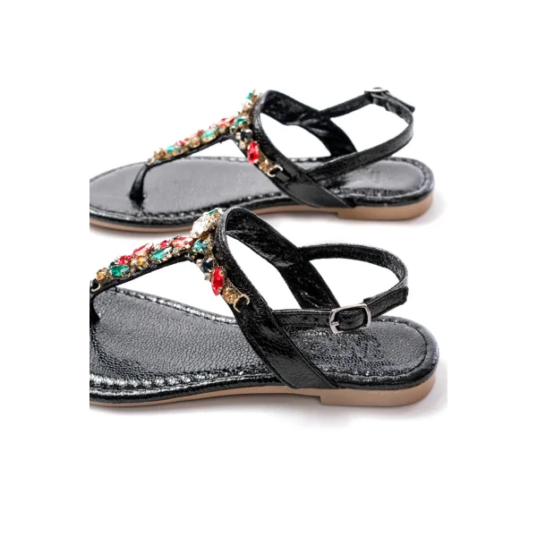 152-1110 Siyah Multi Cam Kırığı Taşlı Parmak Arası Kadın Sandalet