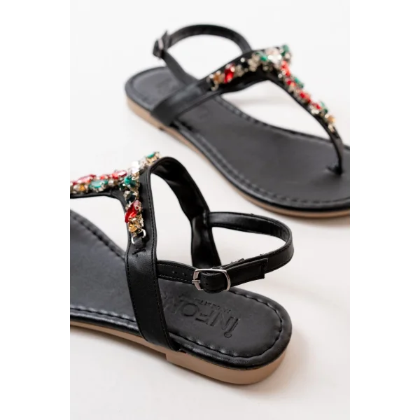 152-1110 Siyah Multi Taşlı Parmak Arası Kadın Sandalet