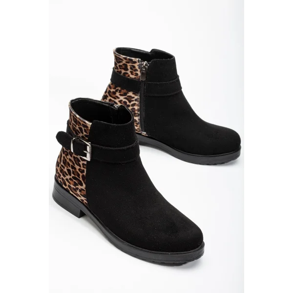 165-204/1 Siyah Süete Leopar Toka Aksesuarlı Fermuarlı Günlük Kadın Bot