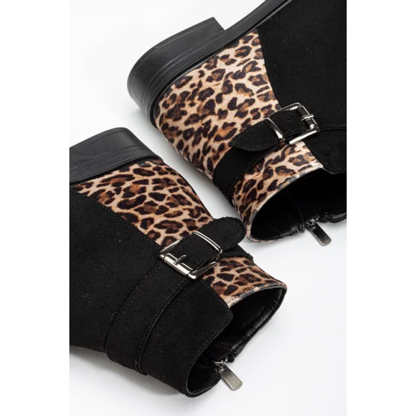 165-204/1 Siyah Süete Leopar Toka Aksesuarlı Fermuarlı Günlük Kadın Bot