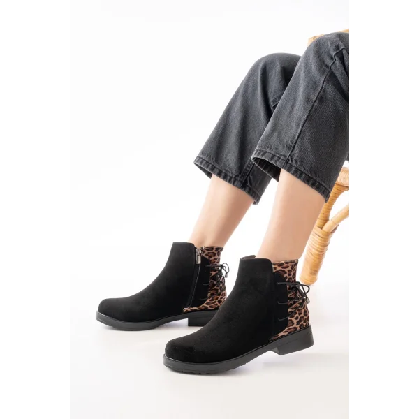 165-209 Siyah Leopar Arka Bağcık Aksesuarlı Fermuarlı Günlük Kadın Bot
