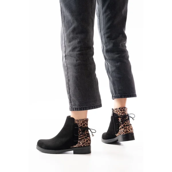 165-209 Siyah Leopar Arka Bağcık Aksesuarlı Fermuarlı Günlük Kadın Bot