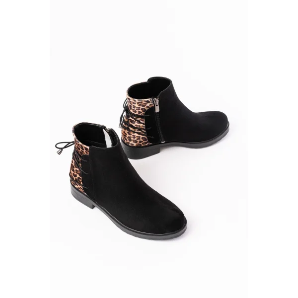 165-209 Siyah Leopar Arka Bağcık Aksesuarlı Fermuarlı Günlük Kadın Bot