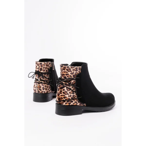165-209 Siyah Leopar Arka Bağcık Aksesuarlı Fermuarlı Günlük Kadın Bot