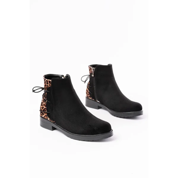 165-209 Siyah Leopar Arka Bağcık Aksesuarlı Fermuarlı Günlük Kadın Bot