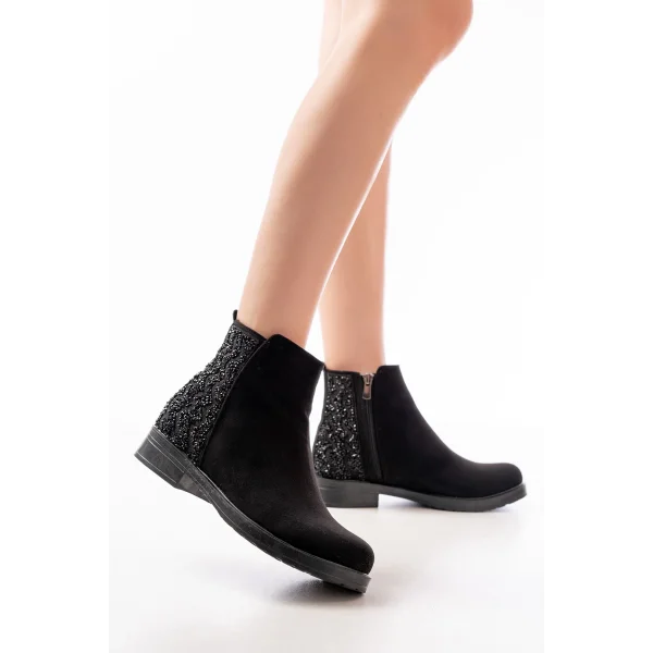 165-212 Siyah Süet Taş Aksesuarlı Fermuarlı Günlük Kadın Bot