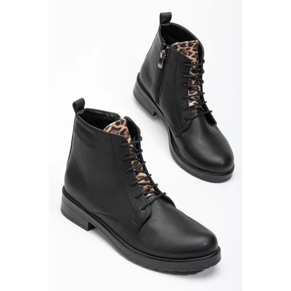 165-225 Siyaha Leopar Bağcıklı Fermuarlı Günlük Kadın Bot