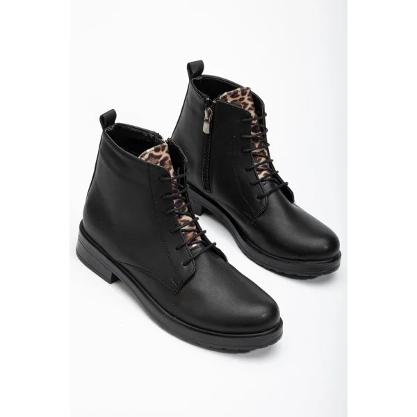 165-225 Siyaha Leopar Bağcıklı Fermuarlı Günlük Kadın Bot