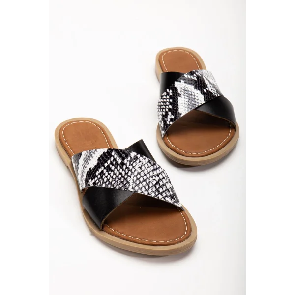 169-076 Siyah Ortopedik Hakiki Deri Çapraz Bantlı Kadın Terlik