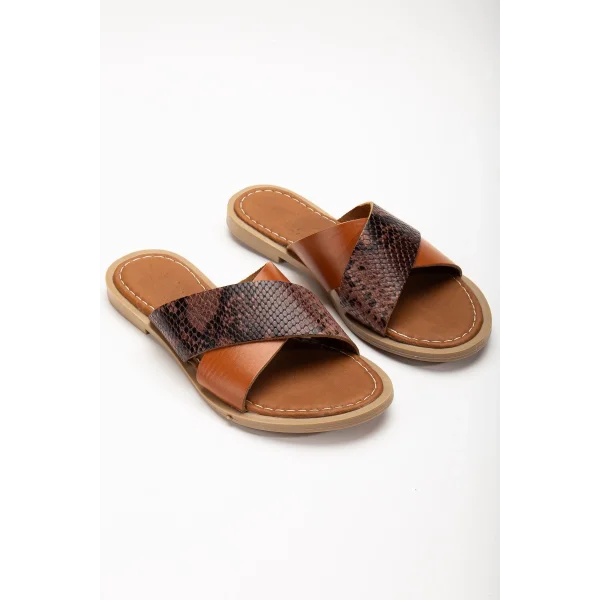 169-076 Taba Ortopedik Hakiki Deri Çapraz Bantlı Kadın Terlik