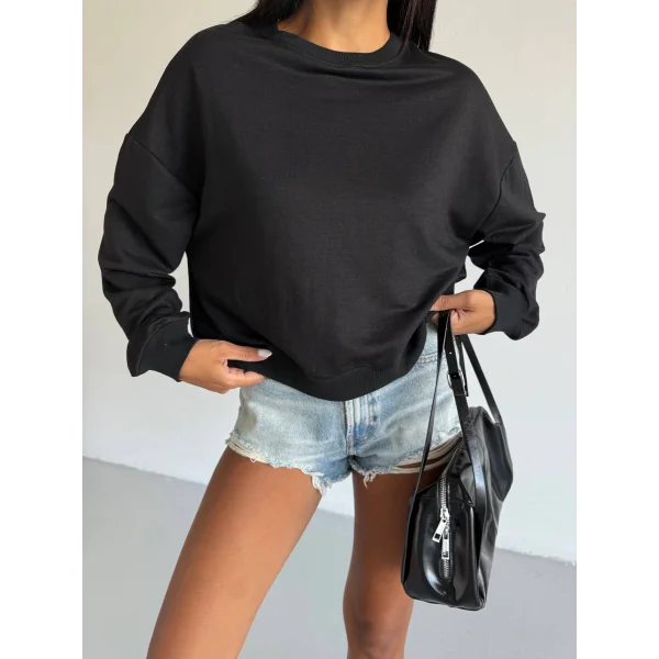 2 iplik bisiklet yaka sweat siyah f2339