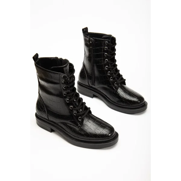 2024-2289 Siyah Kroko Bağcıklı Fermuarlı Günlük Kadın Bot