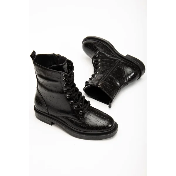 2024-2289 Siyah Kroko Bağcıklı Fermuarlı Günlük Kadın Bot