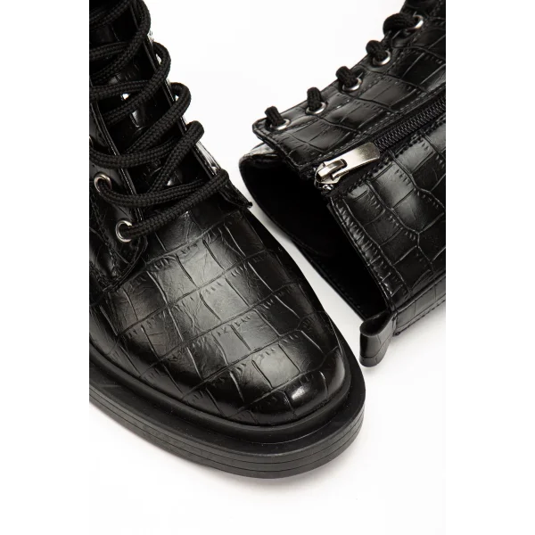 2024-2289 Siyah Kroko Bağcıklı Fermuarlı Günlük Kadın Bot