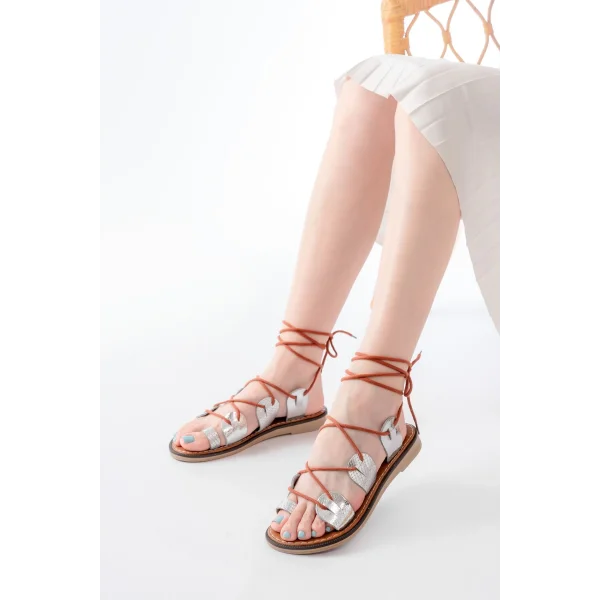 205-01 Gümüş Bilekten Bağlamalı Ortopedik Hakiki Deri Kadın Sandalet