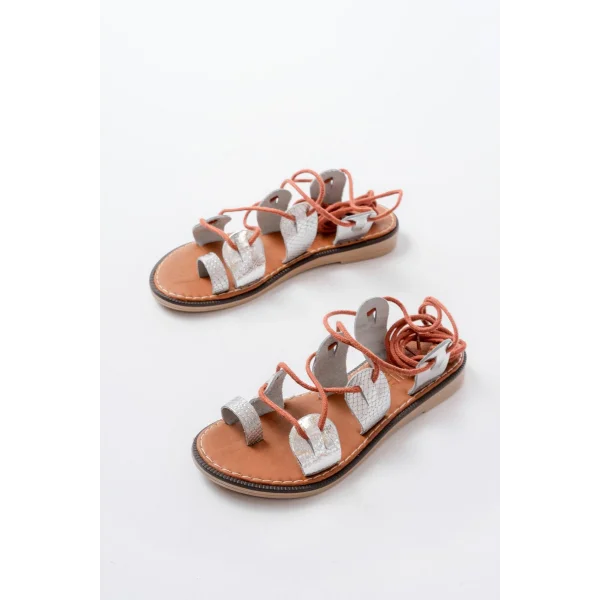 205-01 Gümüş Bilekten Bağlamalı Ortopedik Hakiki Deri Kadın Sandalet