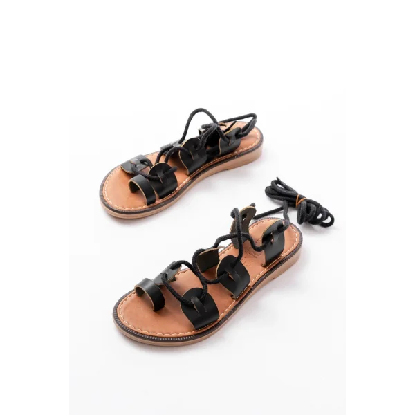 205-01 Siyah Bilekten Bağlamalı Ortopedik Hakiki Deri Kadın Sandalet