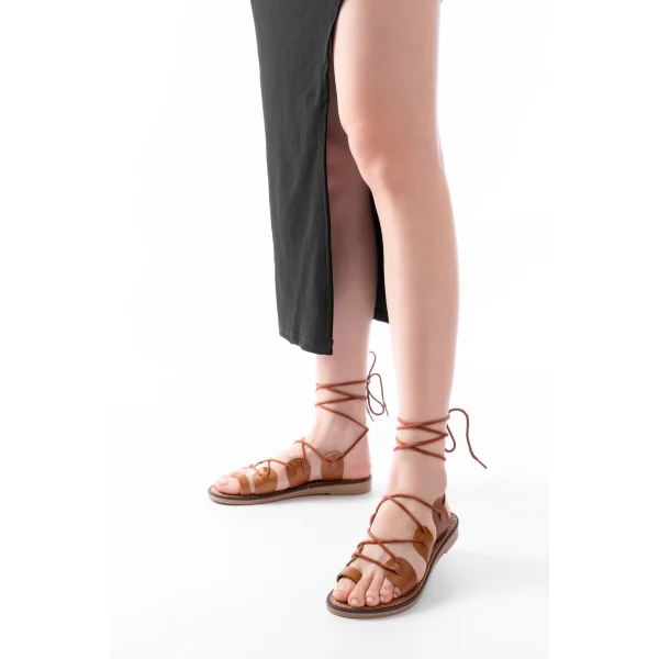 205-01 Taba Bilekten Bağlamalı Ortopedik Hakiki Deri Kadın Sandalet