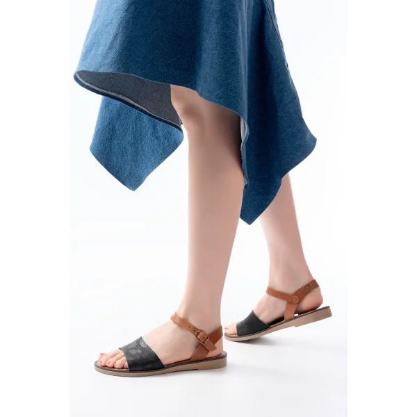 205-012 Siyah Ortopedik Hakiki Deri Kadın Sandalet