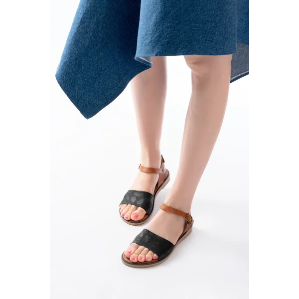 205-012 Siyah Ortopedik Hakiki Deri Kadın Sandalet