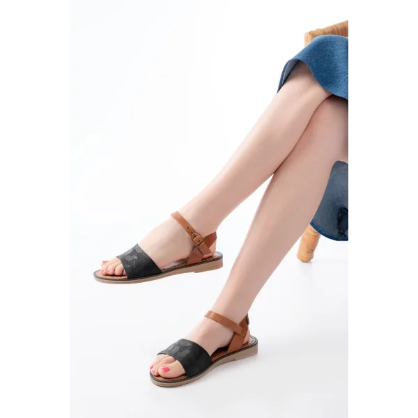 205-012 Siyah Ortopedik Hakiki Deri Kadın Sandalet