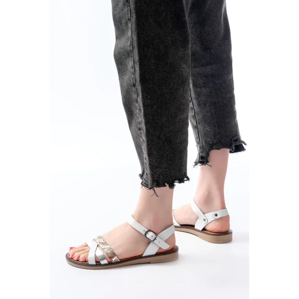 205-015 Beyaz Garni Ortopedik Hakiki Deri Kadın Sandalet